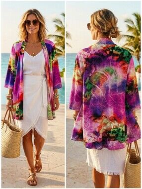 Soft Works XL Eclectic Abstract Watercolor Resortwear Boho Silky Knit Cardigan